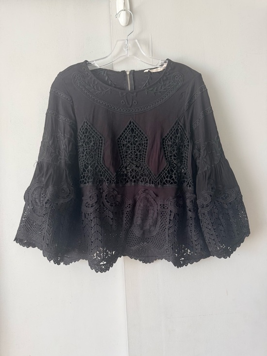 Soft Surroundings Tops - Soft Surroundings Black Crochet Lace Bell-Sleeve Blouse
